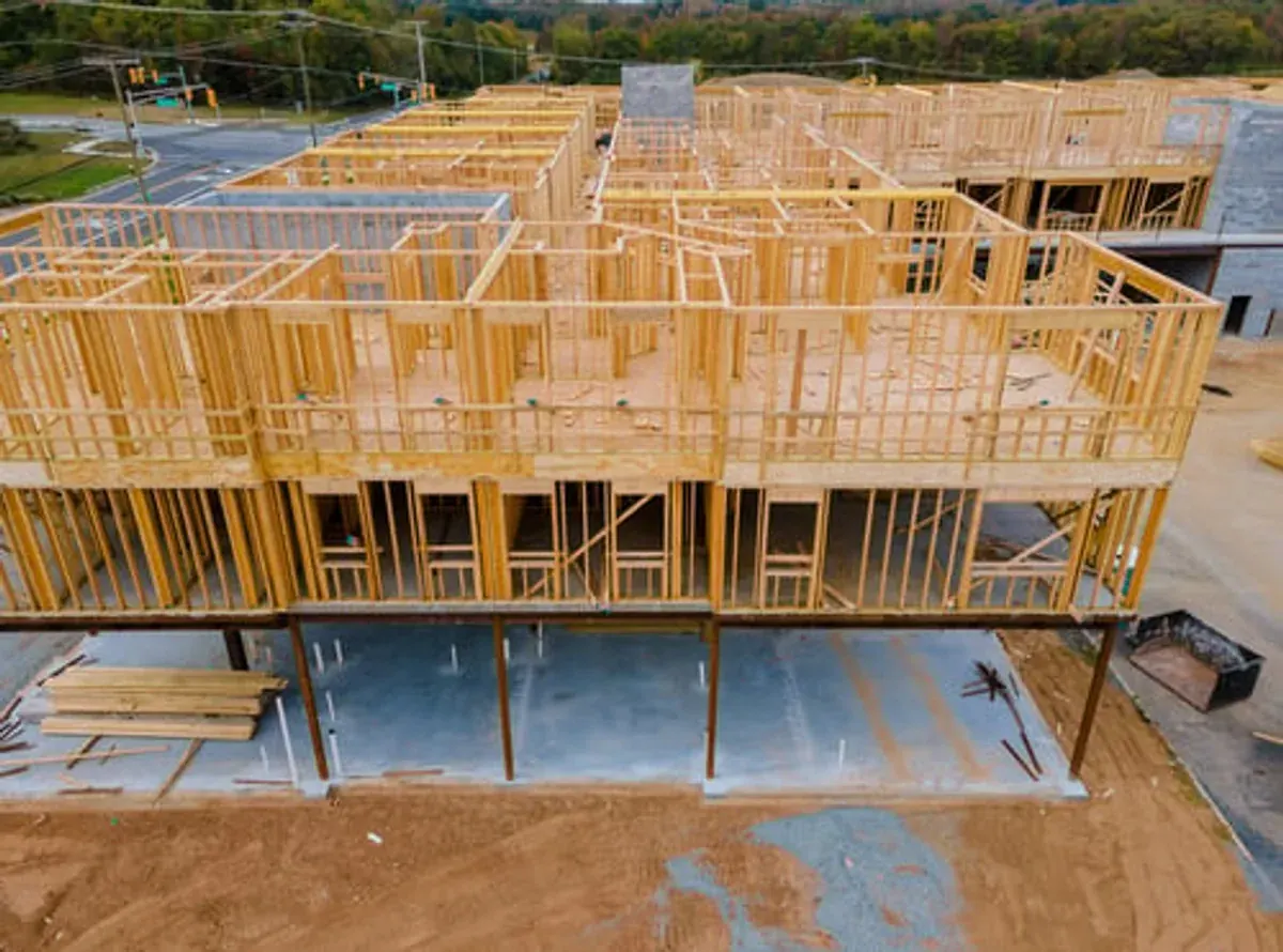 New custom home under construction with framing and foundation work in progress in Big Bear Lake