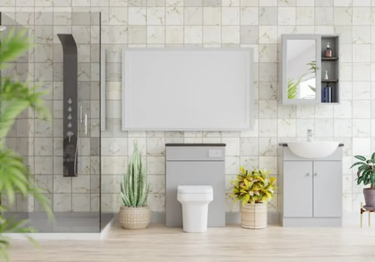 Finished bathroom remodel with tiled shower, stone vanity and modern fixtures in a mountain home