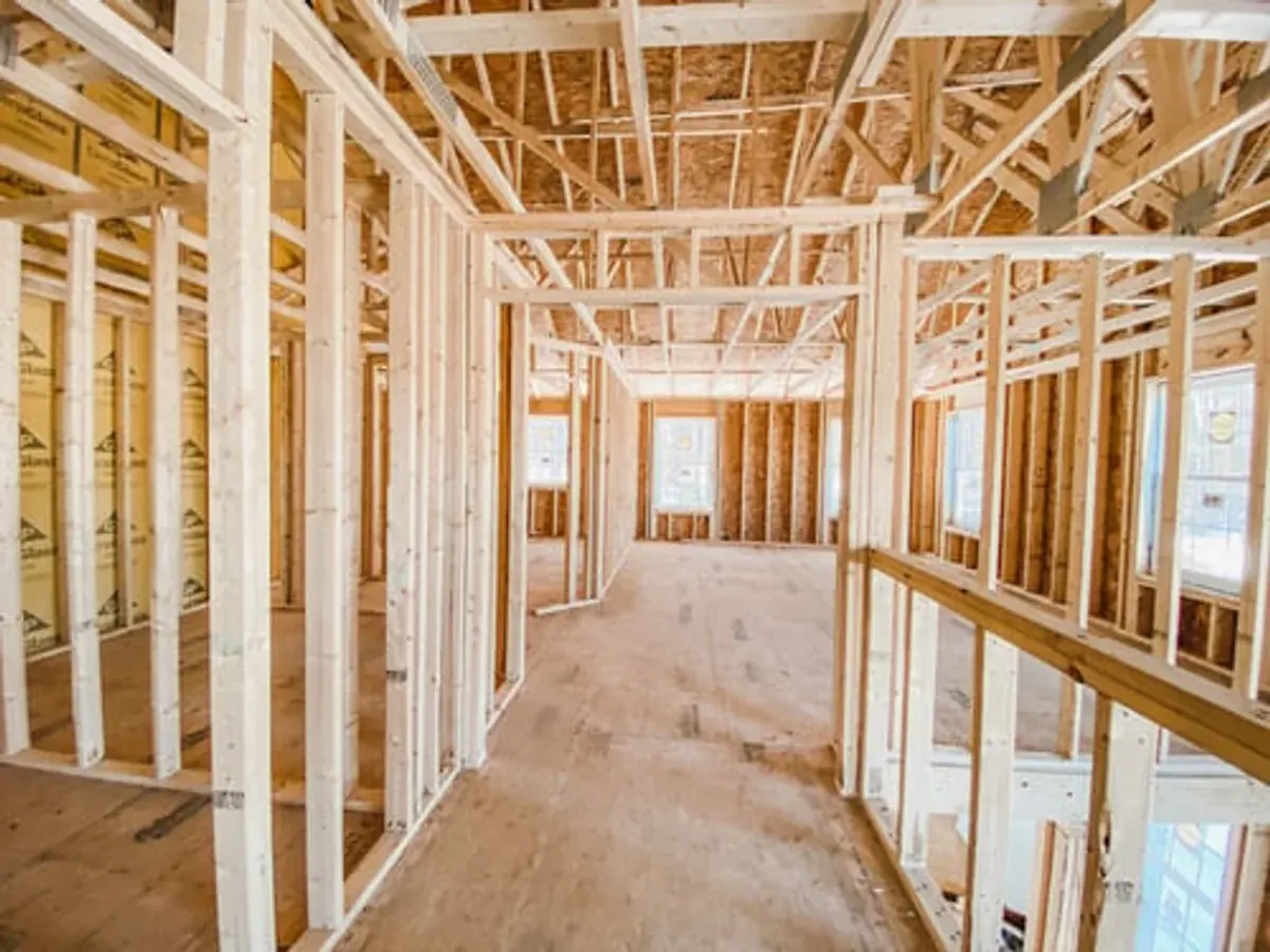 Interior framing of a new custom home under construction in Big Bear Lake, California